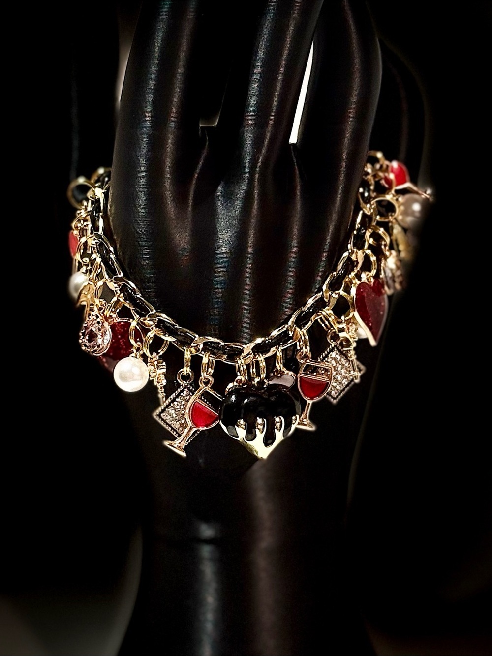 Gold Charm Bracelet with Red and Black Accents - Women's Jewelry